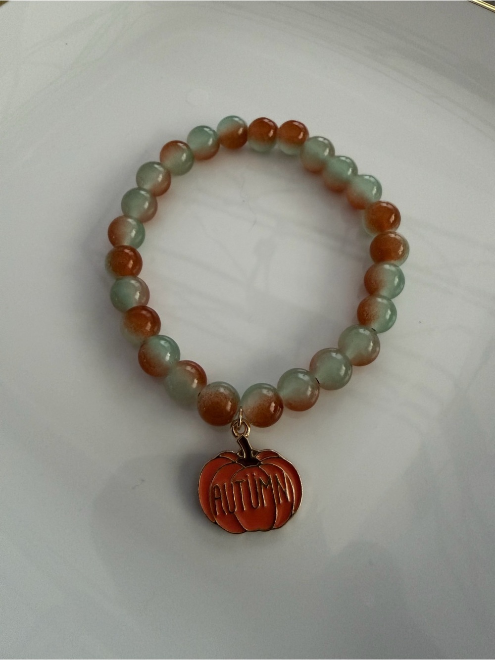 Orange & Sage Autumn Pumpkin Charm Beaded Stretch Bracelet